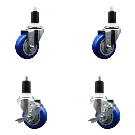 Service Caster 3.5'' SS Blue Poly Wheel Swivel 1-1/2'' Expanding Stem Caster Set 2 Brakes, 4PK SCC-SSEX20S3514-PPUB-BLUE-2-TLB2-112